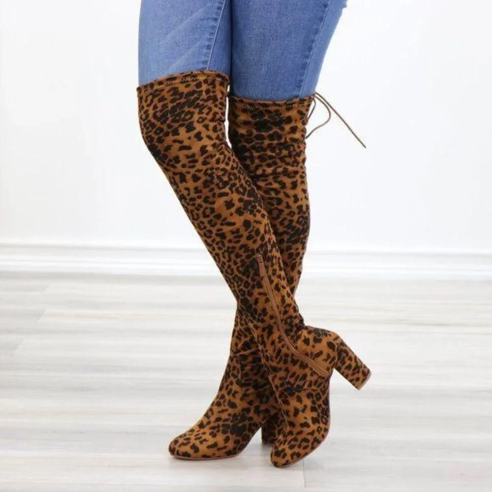 Suede Leopard Thigh High Heeled Boots